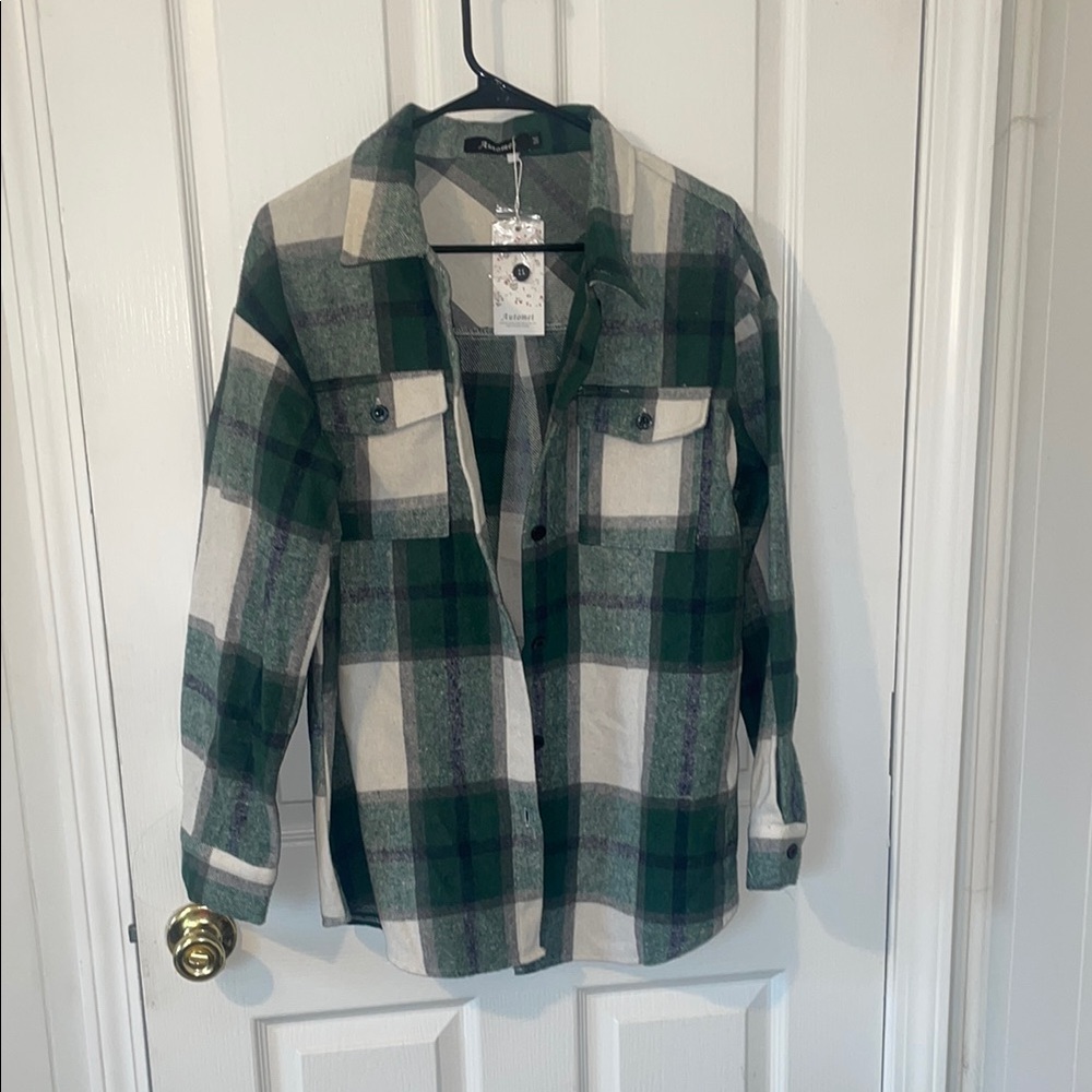 Oversized Plaid Green and White Women's Lightweight Jacket